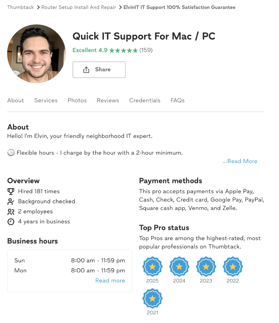 Photo of Elvin working + screenshot of his Yelp or Thumbtack profile